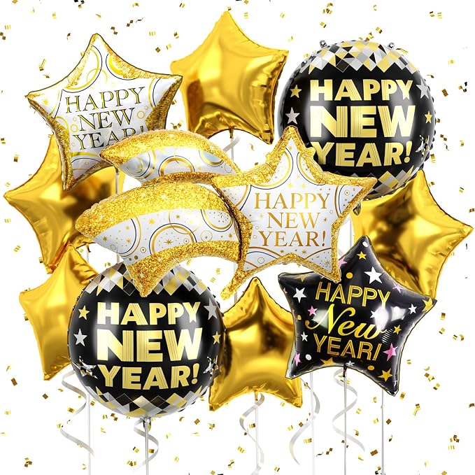 Black and Gold Happy New Year Balloons, 18 Inch Large Size Foil Balloons by FEYG