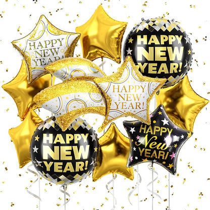 Black and Gold Happy New Year Balloons, 18 Inch Large Size Foil Balloons by FEYG