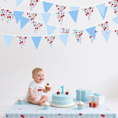 32Ft Blue Gingham Cheery Pennant Banner Fabric Triangle Flag Garland Streamers - Image 7
