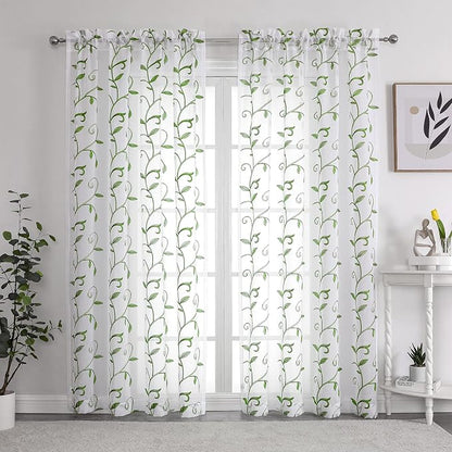 White Sheer Curtains Green Embroidered Leaves 2 Panels 54Wx108L | Light - Image 2
