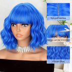 MISSQUEEN Short Dark Blue Wigs with Bangs for Women Synthetic Shoulder Length Wavy Bob Wig for Girl Colorful Costume Wigs (Blue)