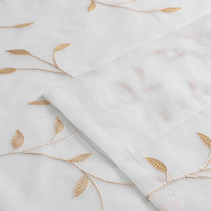 White Sheer Curtains Orange Leaf Embroidery Linen 96 Inches Long | Light - Image 6