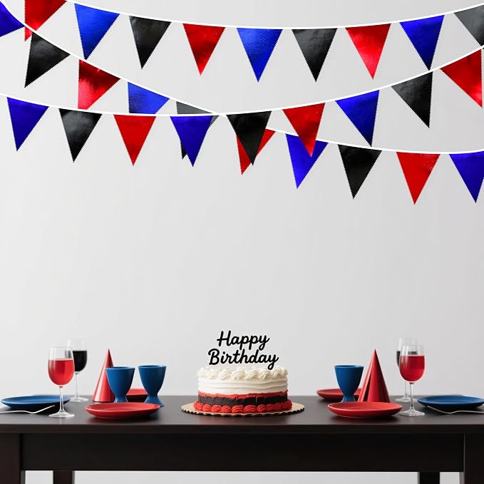 Navy Blue Red Black Party Decorations Metallic Fabric Triangle Pennant Banner - Image 6