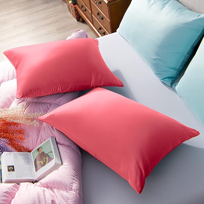NTBAY Zippered Satin Pillow Cases for Hair and Skin, Luxury Standard Hidden Zipper Pillowcases Set of 2, 20x26 Inches, Coral Pink