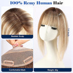 HAIRCUBE Hair Toppers For Women With Thinning 5"*5" Large Base Real Hair Toppers For Women, 14 Inch For Hand-Woven, 60g, Silk, Natural, realistic, Use Daily, Hairloss, Blonde Mixed Brown, with bangs