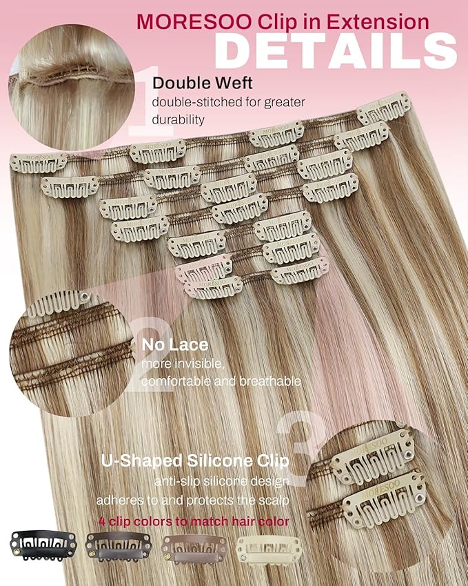 Moresoo Blonde Clip in Hair Extensions Highlight Double Weft Clip Human Hair Extensions Light Brown with Blonde Hair Real Human Hair Clip ins Full Head 7pcs/135g 16inch