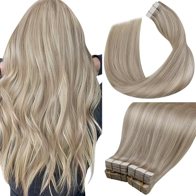 LaaVoo Human Hair Tape in Extensions Ash Blonde Tape in Hair Extensions Human Hair Highlights Blonde with Ash Blondes 00G 40pcs 24Inch