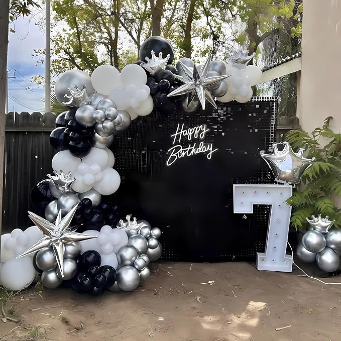 Black Silver Balloon Arch Kit 138Pcs Black White Metallic Silver Confetti Disco - Image 6