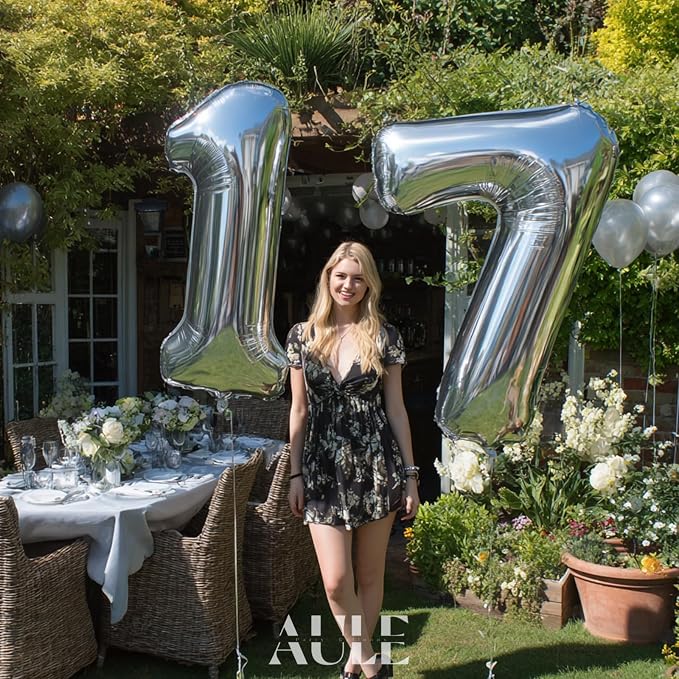 AULE 40 Inch Silver 17 Balloon Number Foil 0-9 Birthday Big Numbers | Birthday - Image 2