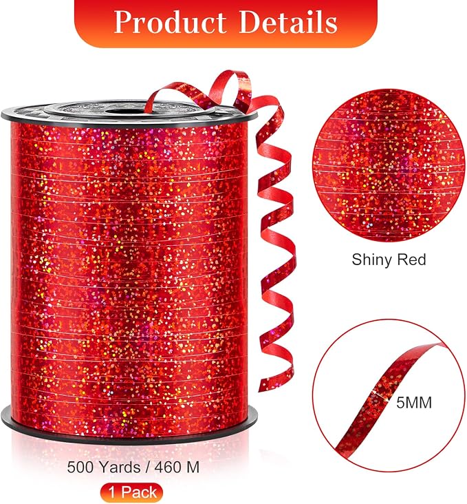 Red Curling Ribbon, 500 Yards, 1/5 Inch | Shiny, - Image 2