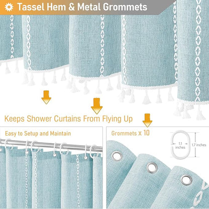 54x78 Boho Farmhouse Linen Heavy Duty Shower Curtain Set, Fog Blue | Narrow - Image 5
