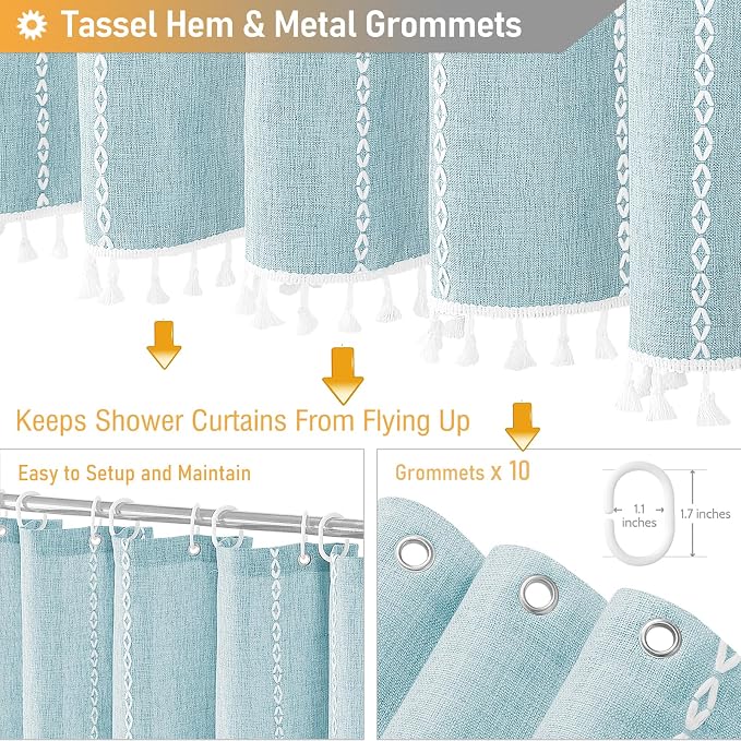 60x72 Boho Farmhouse Linen Heavy Duty Shower Curtain Set, Fog Blue | Narrow Size - Image 5