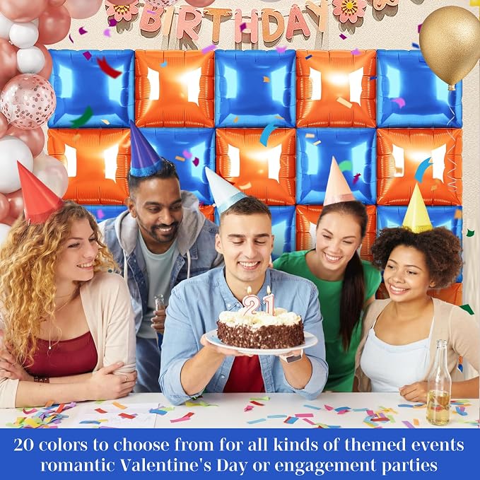 Orange and Blue Square Foil Balloons 25 Pcs Metallic Orange and Blue Balloons - Image 4