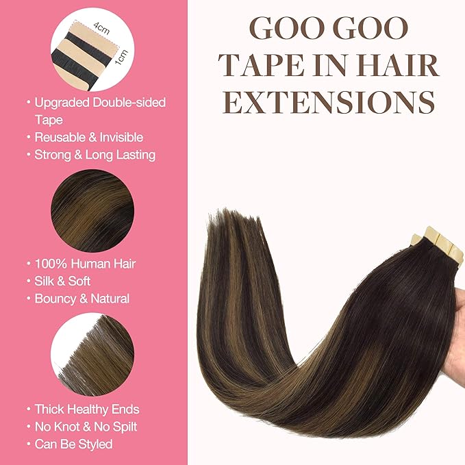 GOO GOO Tape in Hair Extensions Human Hair, 2/6/2 Balayage Dark Brown to Chestnut Brown, 14inch 50g 20pcs, Thick Ends Straight Seamless, Invisible