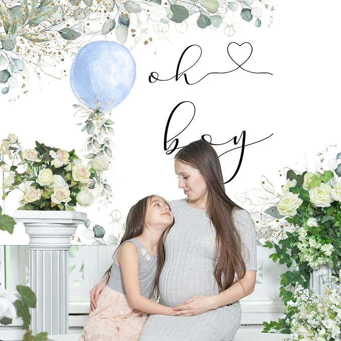 Mocsicka Oh Boy Watercolor Blue Balloon Backdrop Greenery Boy Baby Shower - Image 5