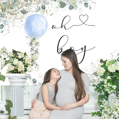 Mocsicka Oh Boy Watercolor Blue Balloon Backdrop Greenery Boy Baby Shower - Image 5