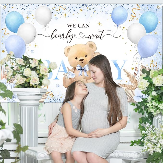 Blue Bear Baby Shower Backdrop 6x3.6 ft We Can Bearly Wait Banner - Image 5