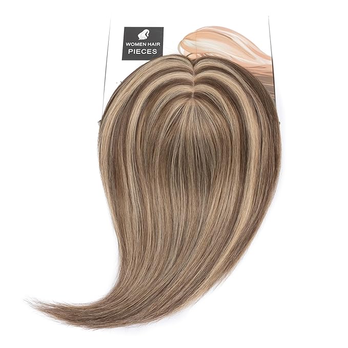 Rich Choices Hair Toppers for Women Real Human Hair 100% Human Remy Toppers NO Bangs with Thinning on Top Clip in Hairpiece 4"x4.7"Lace Base 14 Inch #4P27 Medium Brown Highlights Dark Blonde