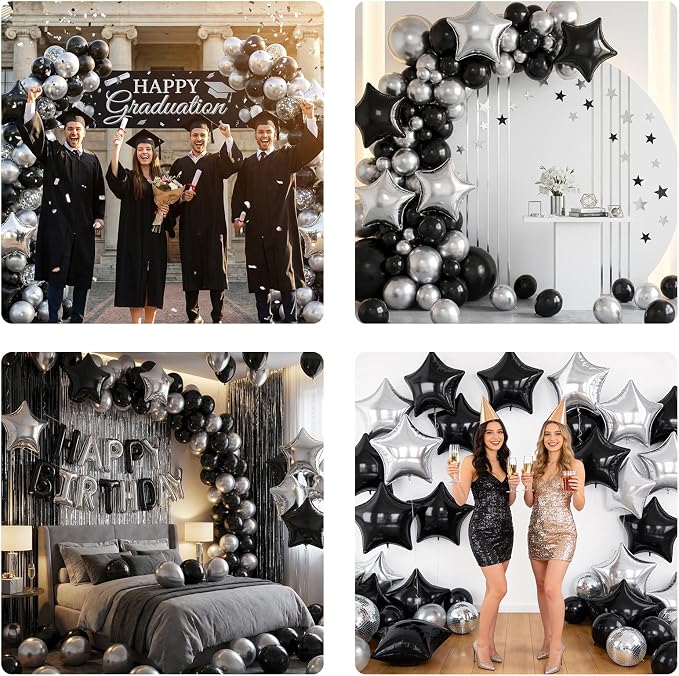 Black Silver Star Foil Balloons, 18 Inch Metallic Black and Silver Stars Balloon - Image 7