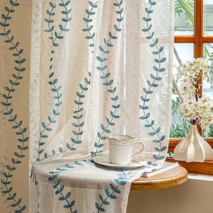 2 Panels Linen Leaf String Floral Embroidered Semi Sheer Curtain Farmhouse by AmHootextile