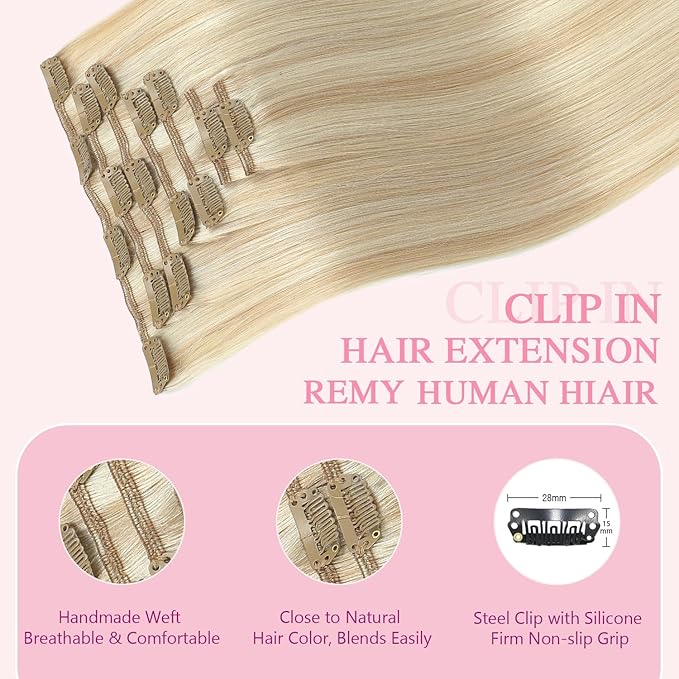 PINKPEARL Clip in Hair Extensions #27P60 Caramel Blonde Highlighted Platinum Blonde 120g 7pcs 20 Inch Clip in Hair Extensions Real Human Hair Hair Extension Clip Ins(#27P60-20)