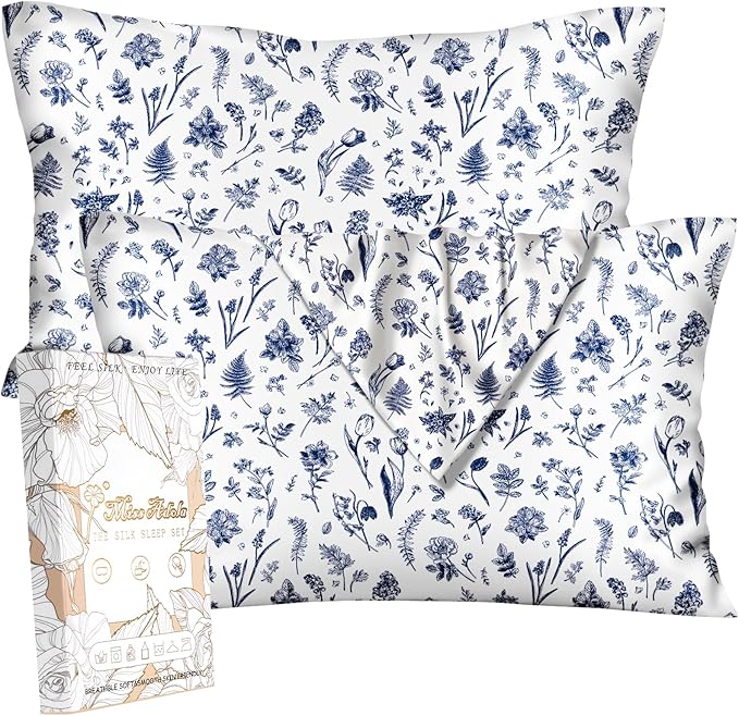 2 Pack Mulberry Silk Pillowcase for Hair and Skin - Standard Size 20 x 26 Inches with Hidden Zipper Blue Line Flower 19 Momme Soft Sleeping Silk Pillow Case for Women, Moms