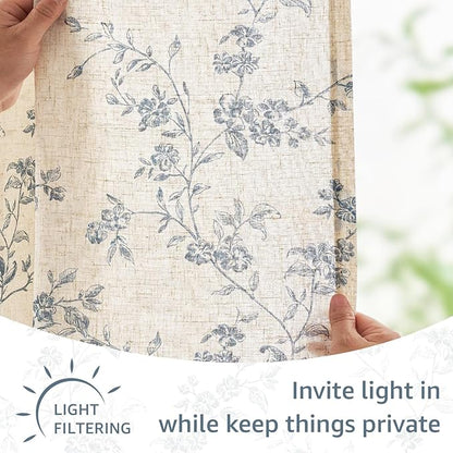 Blue on Beige Linen Kitchen Curtains Rod Pocket 26W X 36L 2 Panels | Elisa - Image 6