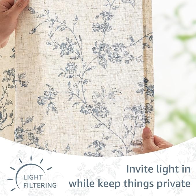Blue on Beige Linen Kitchen Curtains Rod Pocket 26W X 24L 2 Panels | Elisa - Image 6