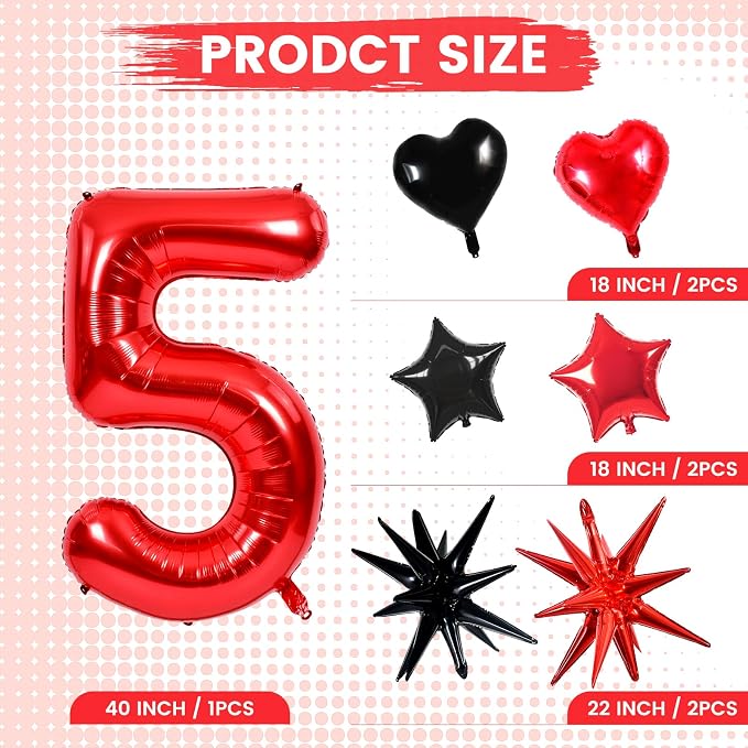 TONIFUL 5th Birthday Balloons Kit 40 Inch Red Large Number 5 Foil Balloon | - Image 2