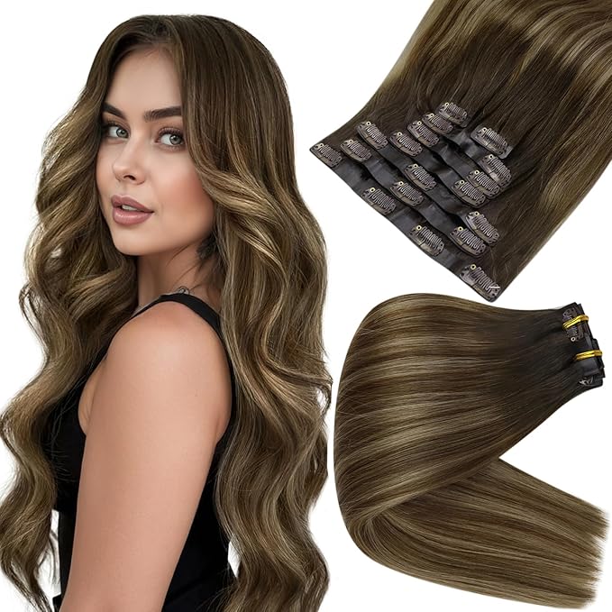 Full Shine Balayage Hair Clip in Extensions Short Hair Extensions Clip ins Ombre Dark Brown to Medium Brown Mix Honey Blonde Hair Clip in Extensions 12 Inch 8 PCS 95 G