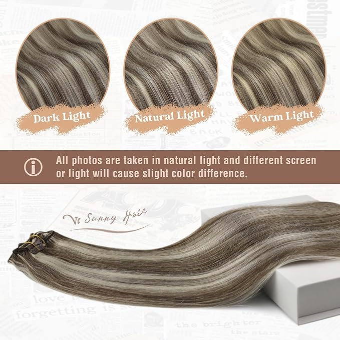 Ve Sunny Clip in Hair Extensions Straight Human Hair Clip in Extensions Remy Clip in Hair Extensions Real Human Hair Extensions for women Light Brown Highlights Platinum Blonde 7pcs 120g 14 inch