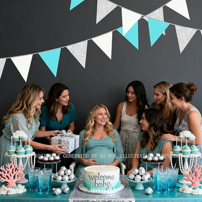 Teal Blue and Silver White Pennant Banner Flag Hanging Glitter Paper Triangle - Image 7