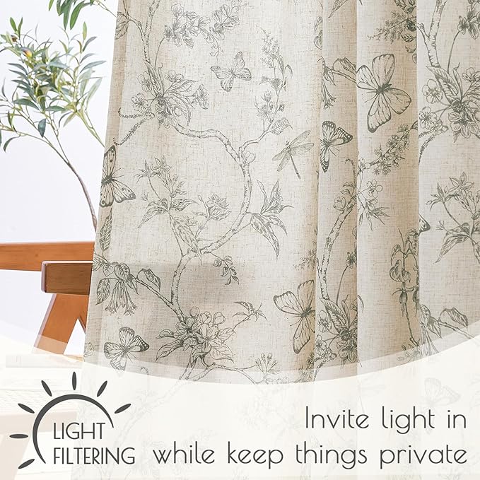 Grey Floral Linen Lined Curtains Rod Pocket 50W X 96L 2 Panels | Charlotte - Image 4
