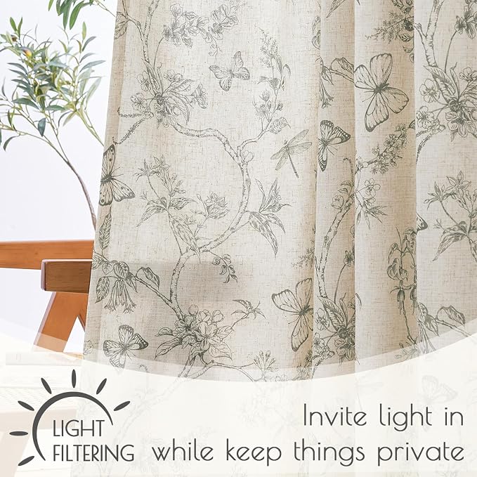 Grey Floral Linen Lined Curtains Rod Pocket 50W X 84L 2 Panels | Charlotte - Image 4