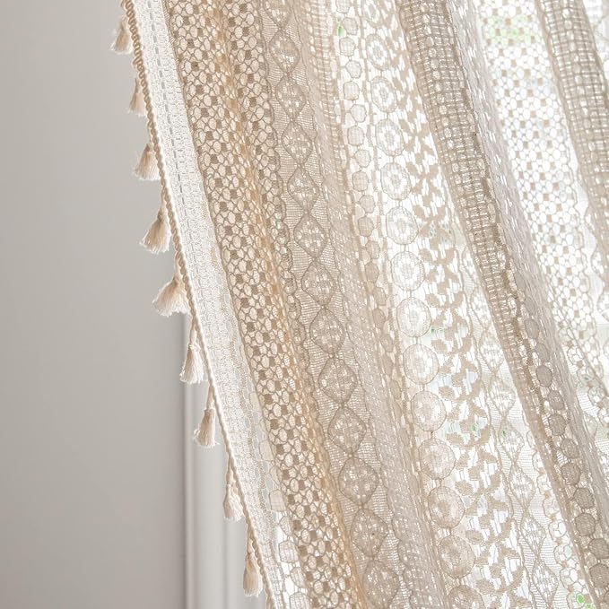 Sutuo Home Beige Boho Curtains Crochet Lace Semi-Sheer Bohemian Hollow Knitted - Image 7