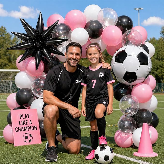 Light Pink and White Soccer Balloons, 12 Inch Pastel Pink and Black Clear - Image 6