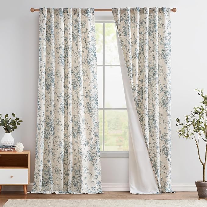 jinchan Floral Linen Curtains Lined 108 Inch Farmhouse Back Tab 2 Panels | by JINCHAN