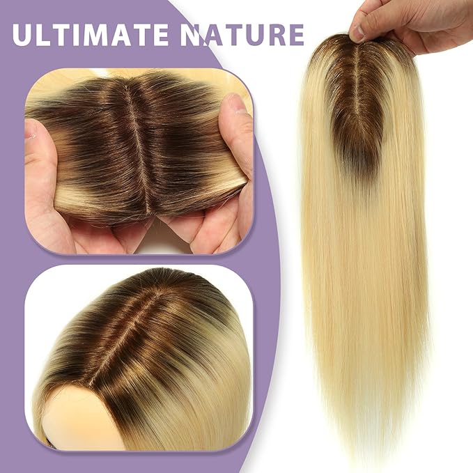 Womens Real Human Hair Toppers for Thin Hair #T3/60, 18 Inch Length 3x5 Inch Injected Silk Base 130% Density Hair Pieces