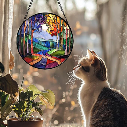 DASTOLL Stained Glass Window Hanging, Colorful Forest Landscape Tree Suncatcher - Image 4