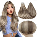 Full Shine Soft Remy Tape in Human Hair Extensions 20Inch Color 8 Ash Brown Highlighted 60 Platinum Blonde Real Hair Extensions Tape ins Add Length 50G 20Pcs for Women