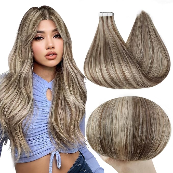 Full Shine Tape in Hair Extensions Human Hair Color 8 Ash Brown and 60 Blonde 14 INCH Highlight Tape in Extensions Natural Seamless Soft Remy Women 50G 20Pcs