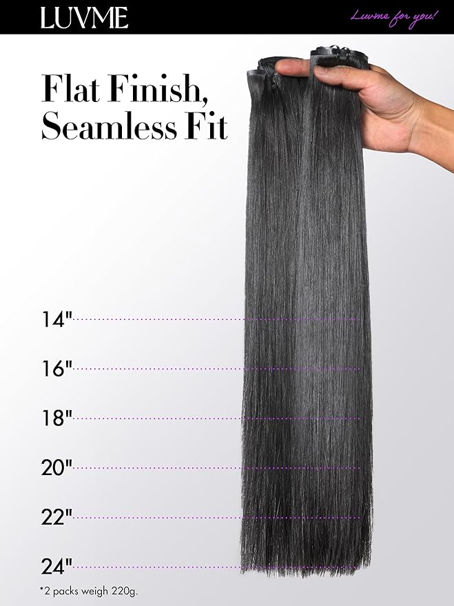LUVME 2 Pack Straight Seamless 220g 14Pcs Clip in Hair Extensions Full Max with 18inch Remy Human Hair Extensions, Natural Black 100% Real Soft Human Hair Extension