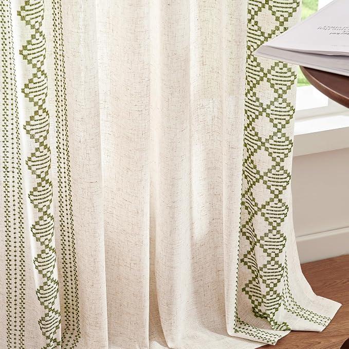 jinchan Floral Linen Curtains Embroidered Back Tab 50x96in 2 Panels Green | - Image 7