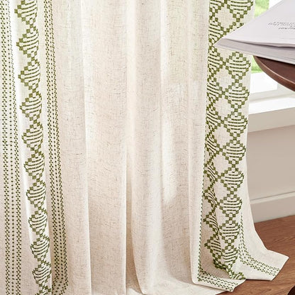 jinchan Floral Linen Curtains Embroidered Back Tab 50x63in 2 Panels Green | - Image 7