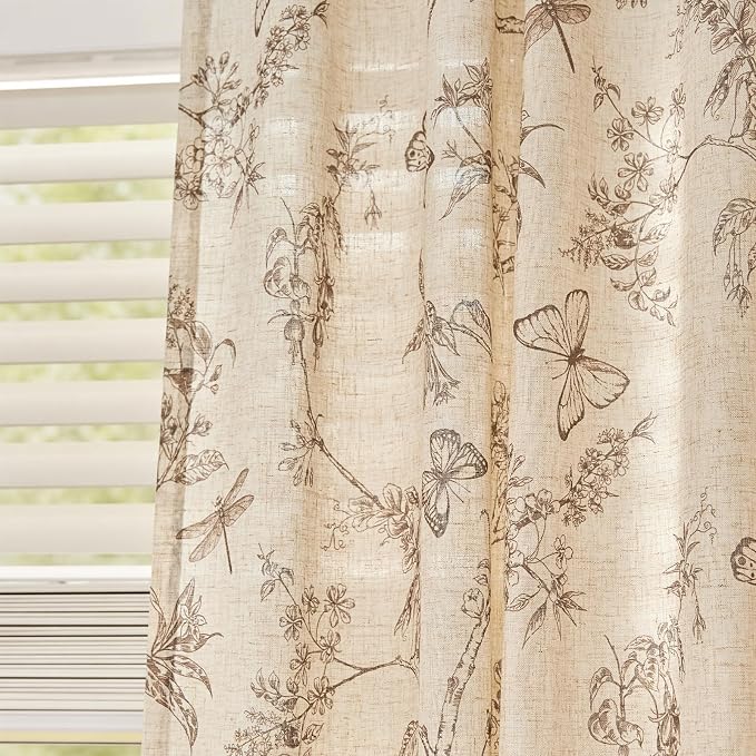 Taupe Floral Linen Curtains Farmhouse Rod Pocket 50W X 63L 2 Panels | Charlotte - Image 8
