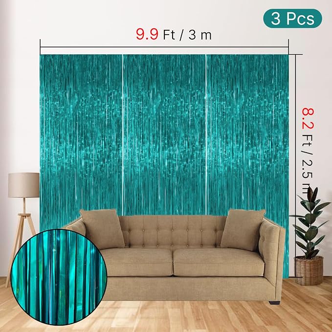 PartyWoo Teal Tinsel Streamers Turquoise Foil Fringe Streamer 8.2FT 3pcs | Teal - Image 4