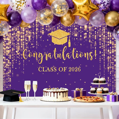 Mocsicka Class of 2026 Backdrop Purple Gold Glitter Bokeh Graduation Party - Image 2