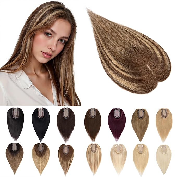 SEGO Hair Toppers for Women Real Human Hair, 7 * 13CM Silk Base 100% Remy Clip in Top Wiglet Hairpieces, Top Pieces Add Volume -12 Inch 4T4P27