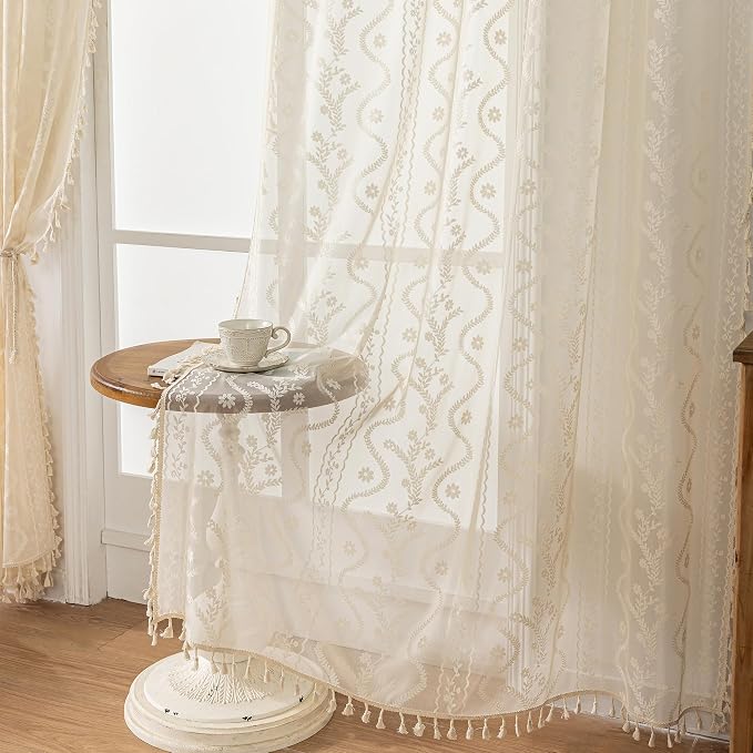 WAZZIO Boho Lace Curtains 2 Panels 108 Inches -Cute Vintage Victorian Sheer - Image 7