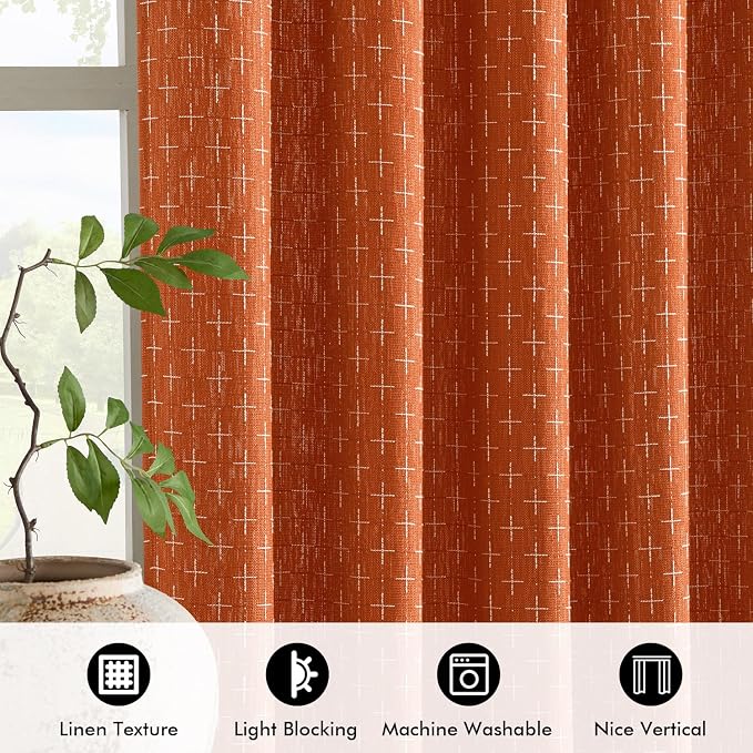 MIULEE Patterned Farmhouse Linen Curtains, Back Tab, Burnt Orange | Linen - Image 4